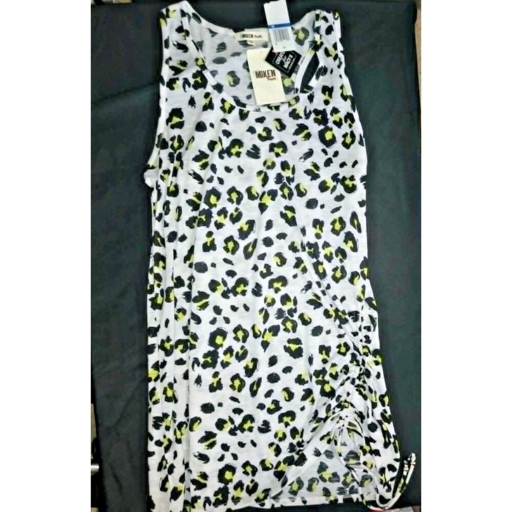 NWT Miken Swim Cover Up XL White Black Neon Leopard Print Ruched Side Racerback